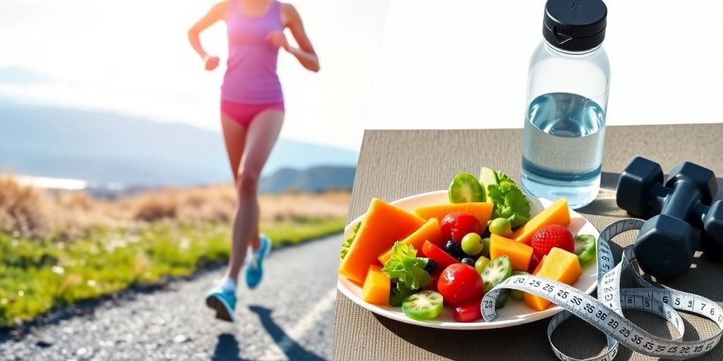 Person running, healthy food, measuring tape, water bottle.