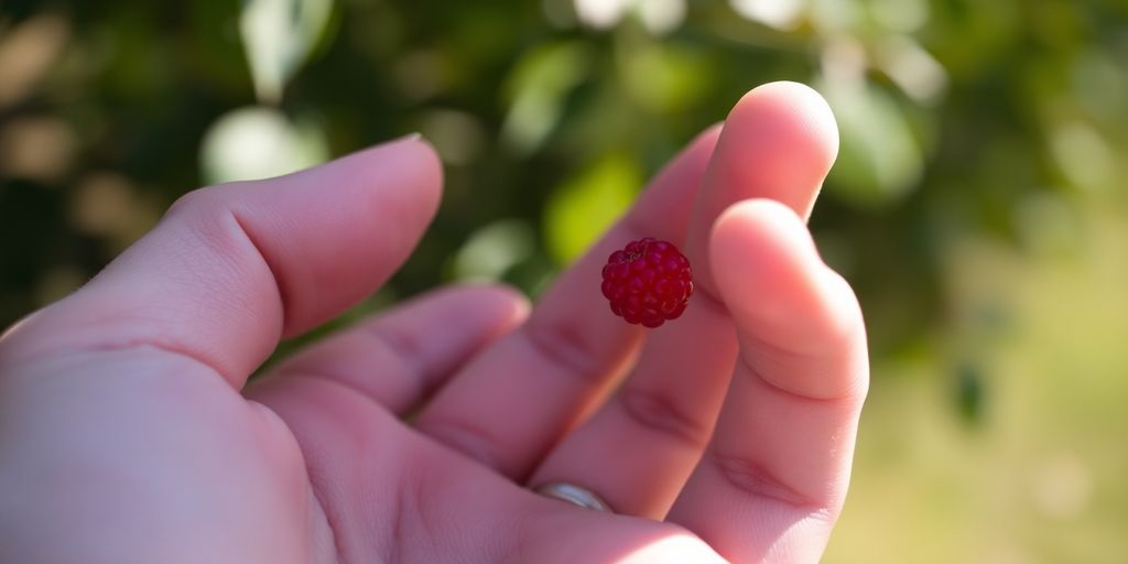 A person's hand holding a single berry