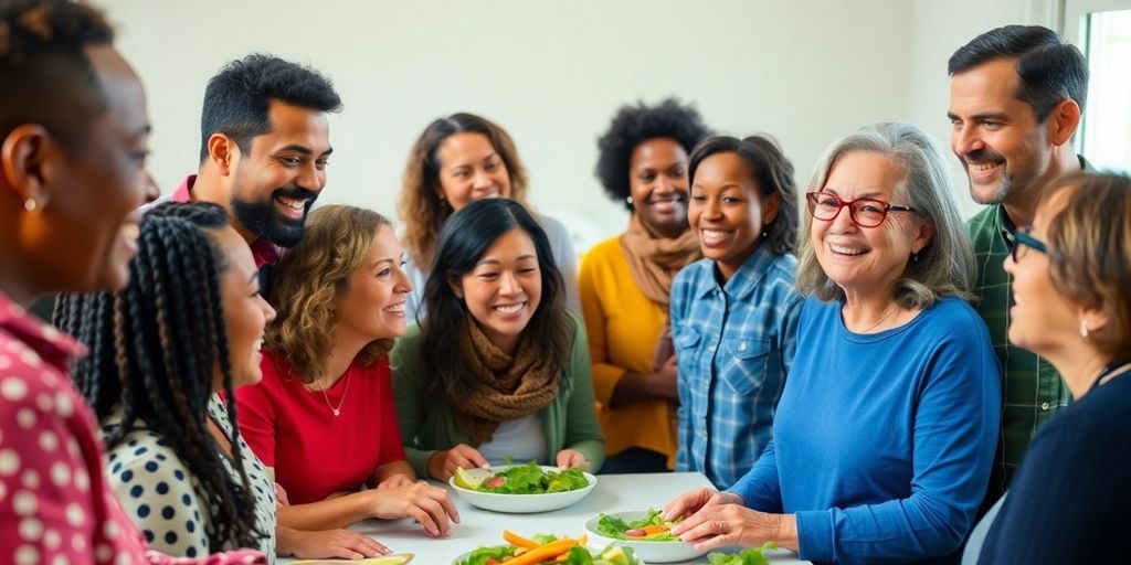 Diverse group smiling, supporting each other.