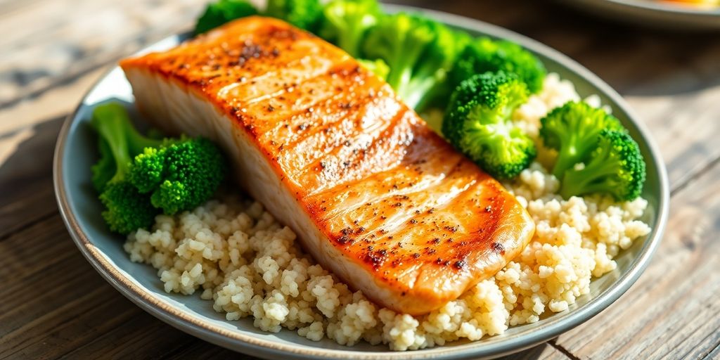 Colorful plate with salmon, broccoli, and quinoa.