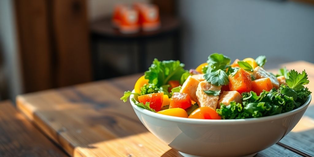 Colorful healthy meal on a wooden table.