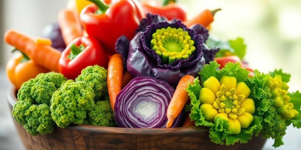 Colorful vegetables overflowing from a rustic wooden bowl.
