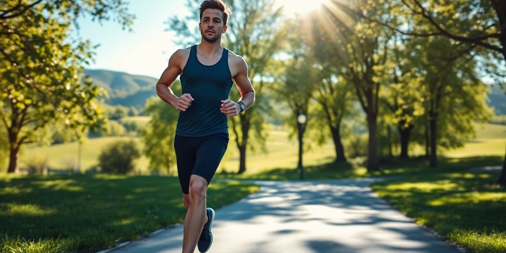 Person running outdoors with scenic background.