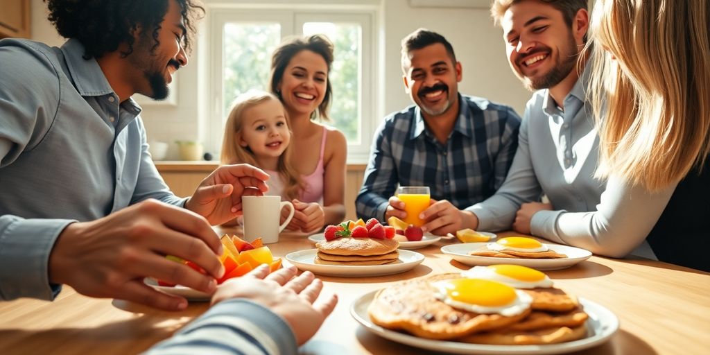 Family eating healthy breakfast at sunlit kitchen table