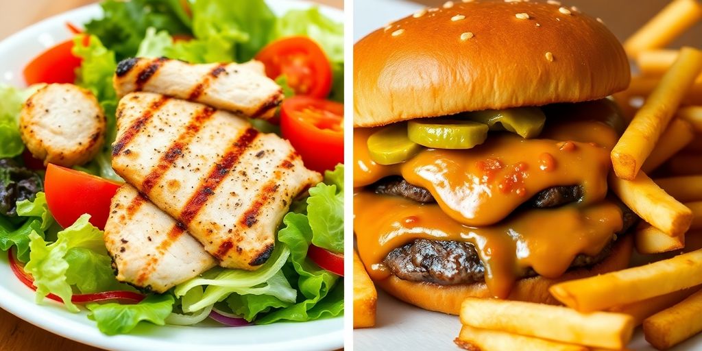Healthy meal next to fast food burger