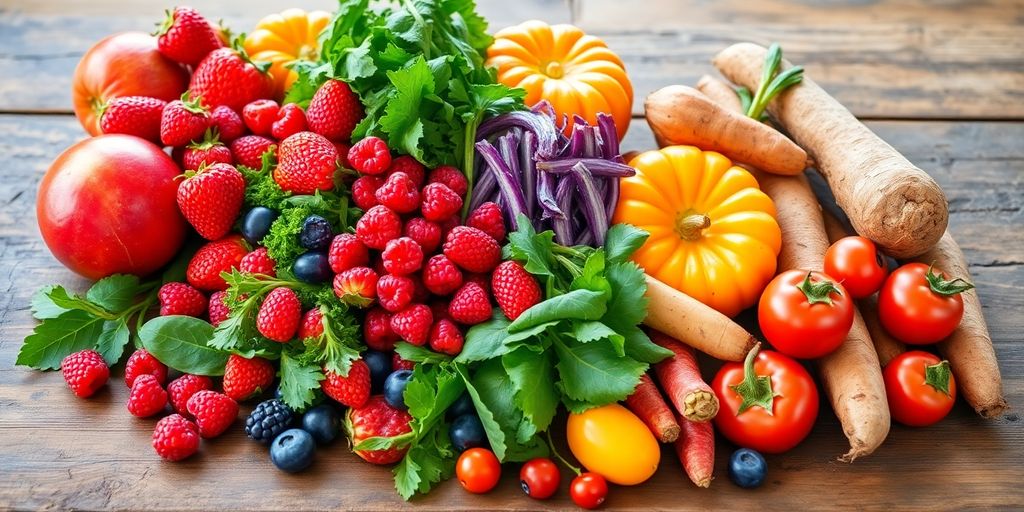 Colorful fruits, vegetables on a wooden table.