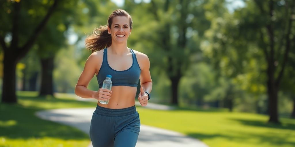 Person running outdoors, holding water bottle.