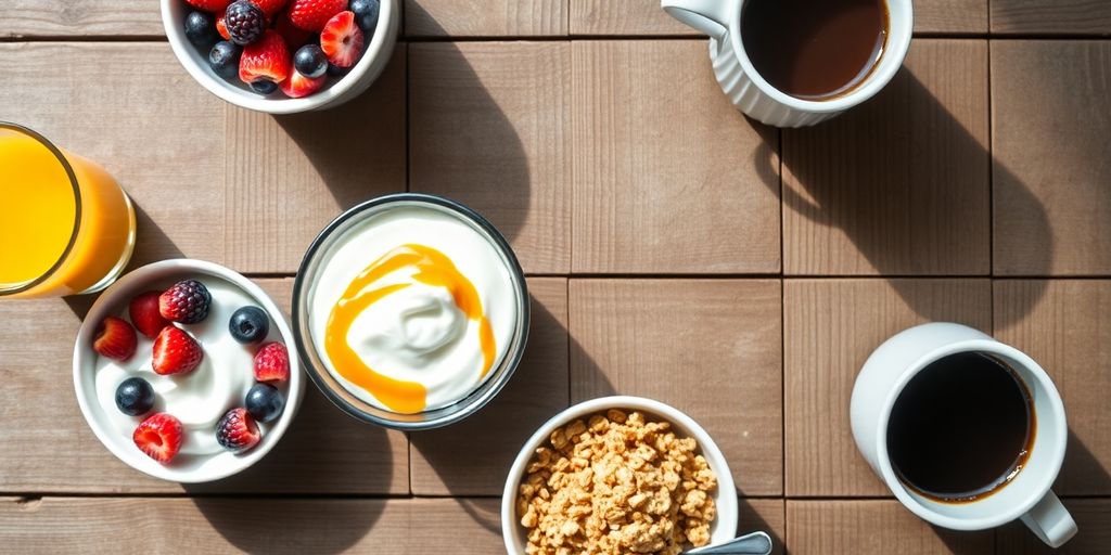 Colorful, healthy breakfast on a rustic wooden table.
