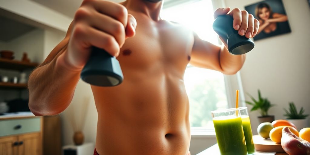 Person exercising with weights, healthy food.