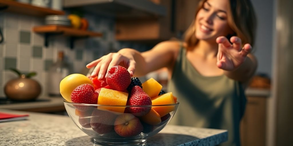 Woman reaching for fruit, avoiding unhealthy snacks