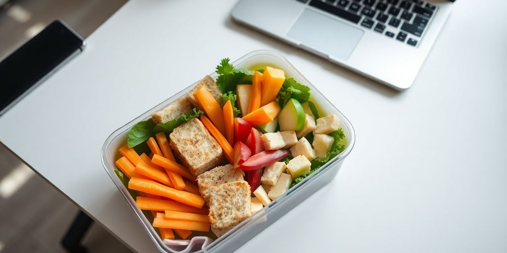 Colorful, healthy snacks in bento box on office desk.