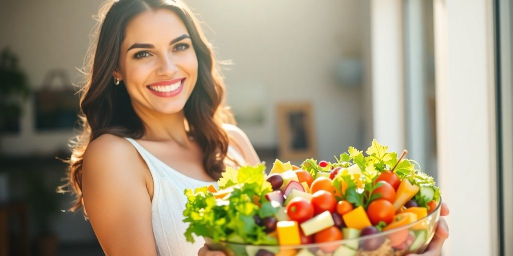 Woman smiling, holding a vibrant salad.