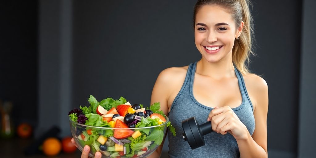Woman smiling, holding a healthy meal and dumbbells.