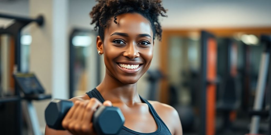 Beginner lifting light dumbbell, smiling at gym.