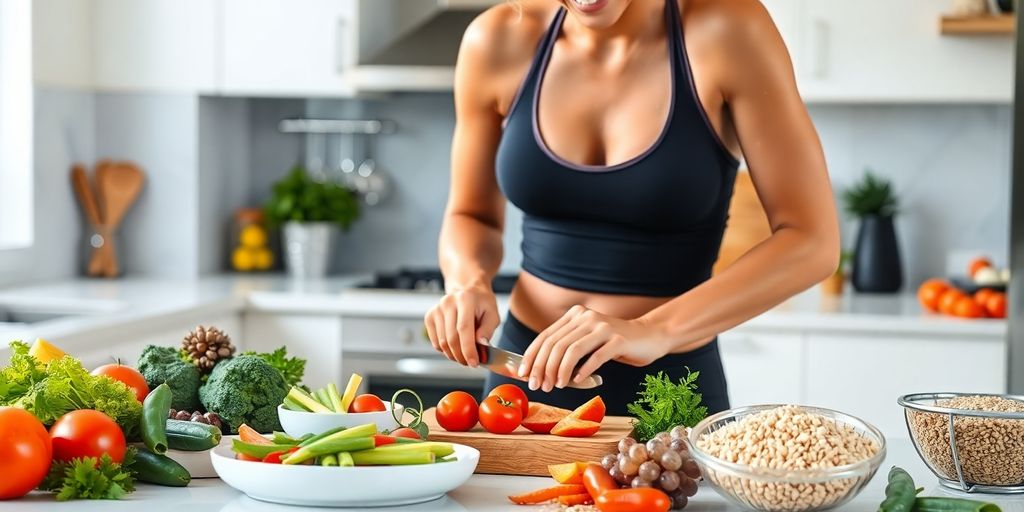 Woman preparing healthy meal in modern kitchen.