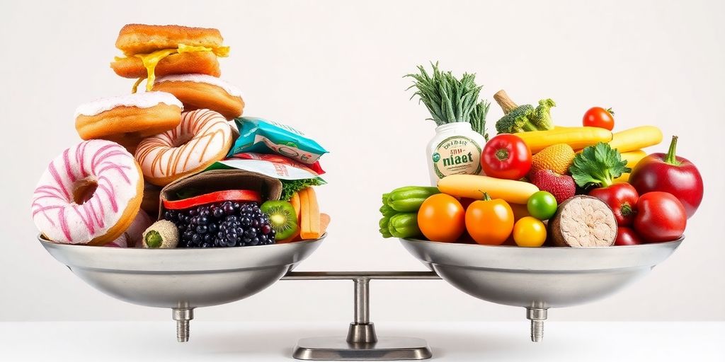 Unhealthy foods, healthy foods, balanced scale, clear background.