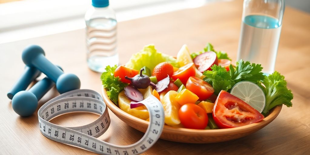 Nutritious meal, tape measure, small weights, water bottle.