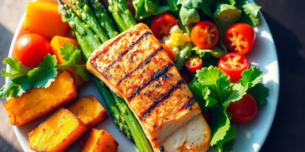 Delicious, balanced dinner plate with colorful fresh ingredients.