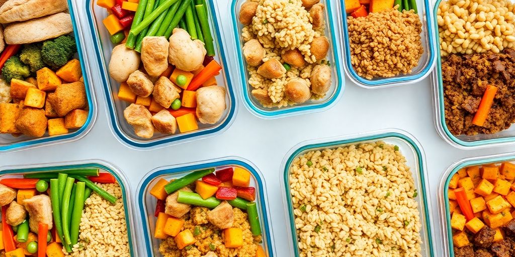 Healthy meal prep containers with diverse dinners.