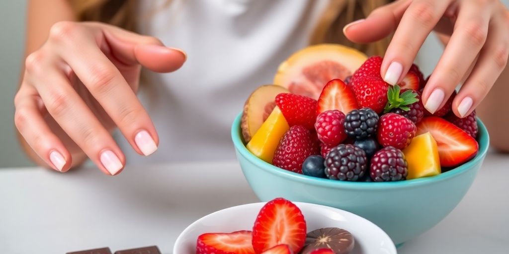 Person enjoying a healthy fruit salad instead of candy.