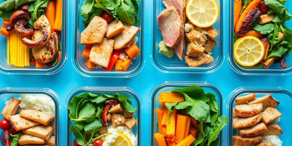 Colorful meal prep containers filled with healthy food.