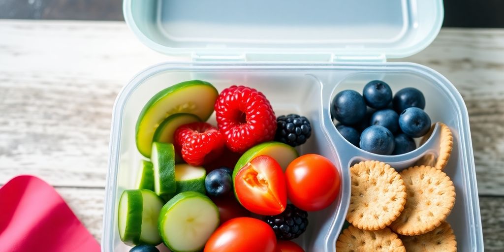 Healthy lunchbox with vibrant fruits and vegetables.