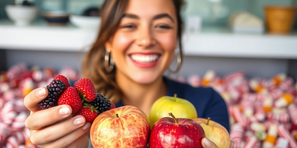 Person happily eating fruit instead of candy.